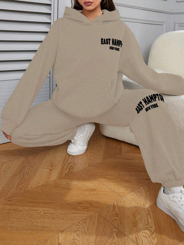 Women 2-Piece Set With Letter Print Hoodie And Casual Pants, Fleece Lined