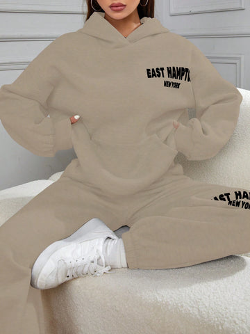 Women 2-Piece Set With Letter Print Hoodie And Casual Pants, Fleece Lined