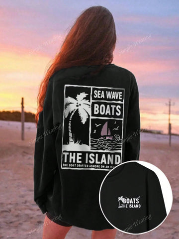 Women 2024 New Autumn & Winter Slogan & Coconut Tree Graphic Round Neck Long Sleeve Loose Casual T-Shirt