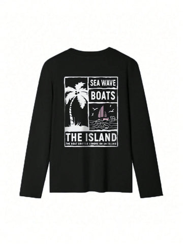 Women 2024 New Autumn & Winter Slogan & Coconut Tree Graphic Round Neck Long Sleeve Loose Casual T-Shirt