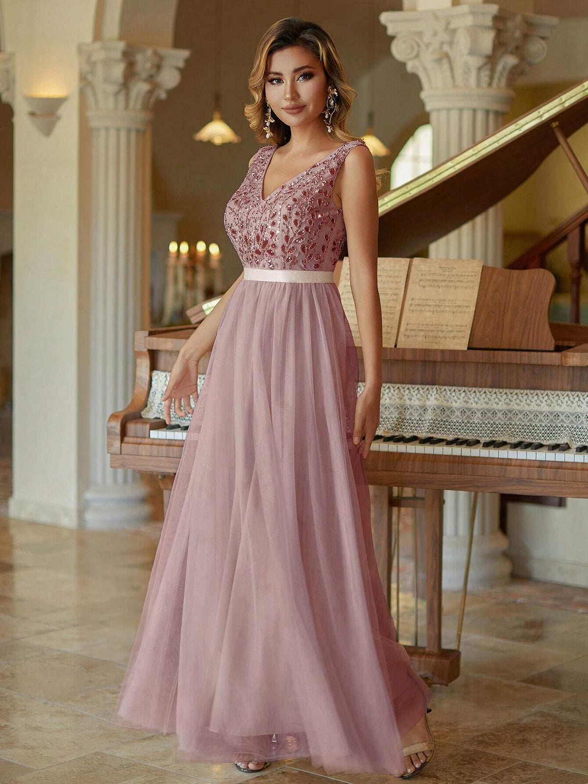 Women 2024 Straps V-Neck Beaded Bridesmaid Dress