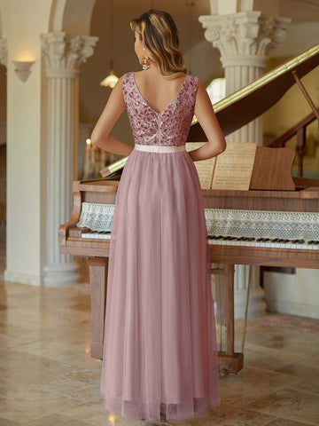 Women 2024 Straps V-Neck Beaded Bridesmaid Dress