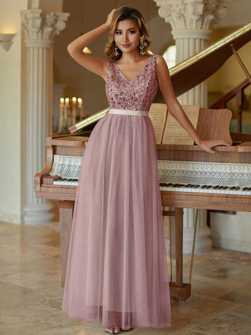 Women 2024 Straps V-Neck Beaded Bridesmaid Dress