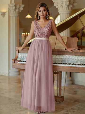 Women 2024 Straps V-Neck Beaded Bridesmaid Dress