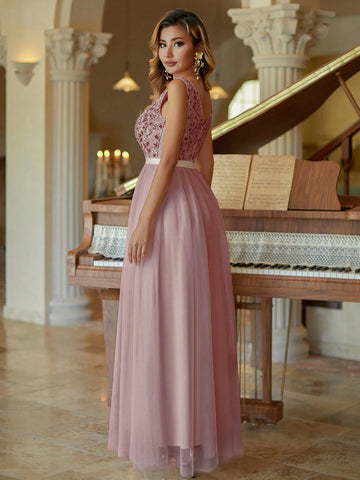 Women 2024 Straps V-Neck Beaded Bridesmaid Dress