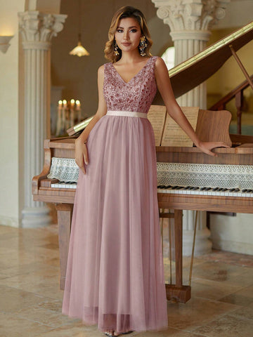 Women 2024 Straps V-Neck Beaded Bridesmaid Dress