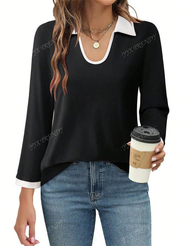 Women 3/4 Sleeve Polo Shirt Color-Block Blouse, Business Casual Top For Fall 2024