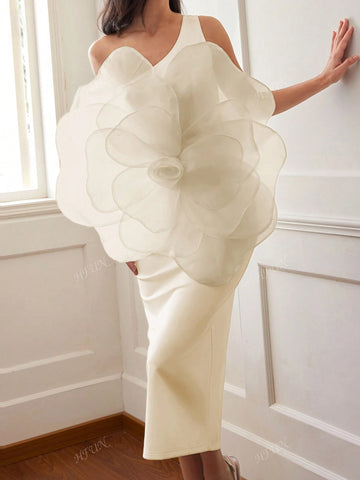 Women 3D Rose Decor Oblique Shoulder Solid Color Luxurious Elegant Evening Dress