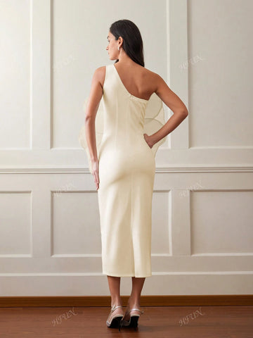 Women 3D Rose Decor Oblique Shoulder Solid Color Luxurious Elegant Evening Dress