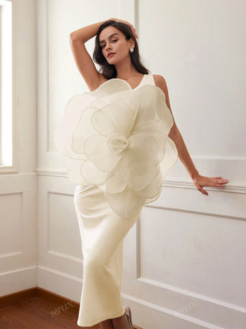 Women 3D Rose Decor Oblique Shoulder Solid Color Luxurious Elegant Evening Dress