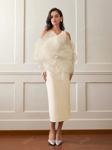 Women 3D Rose Decor Oblique Shoulder Solid Color Luxurious Elegant Evening Dress