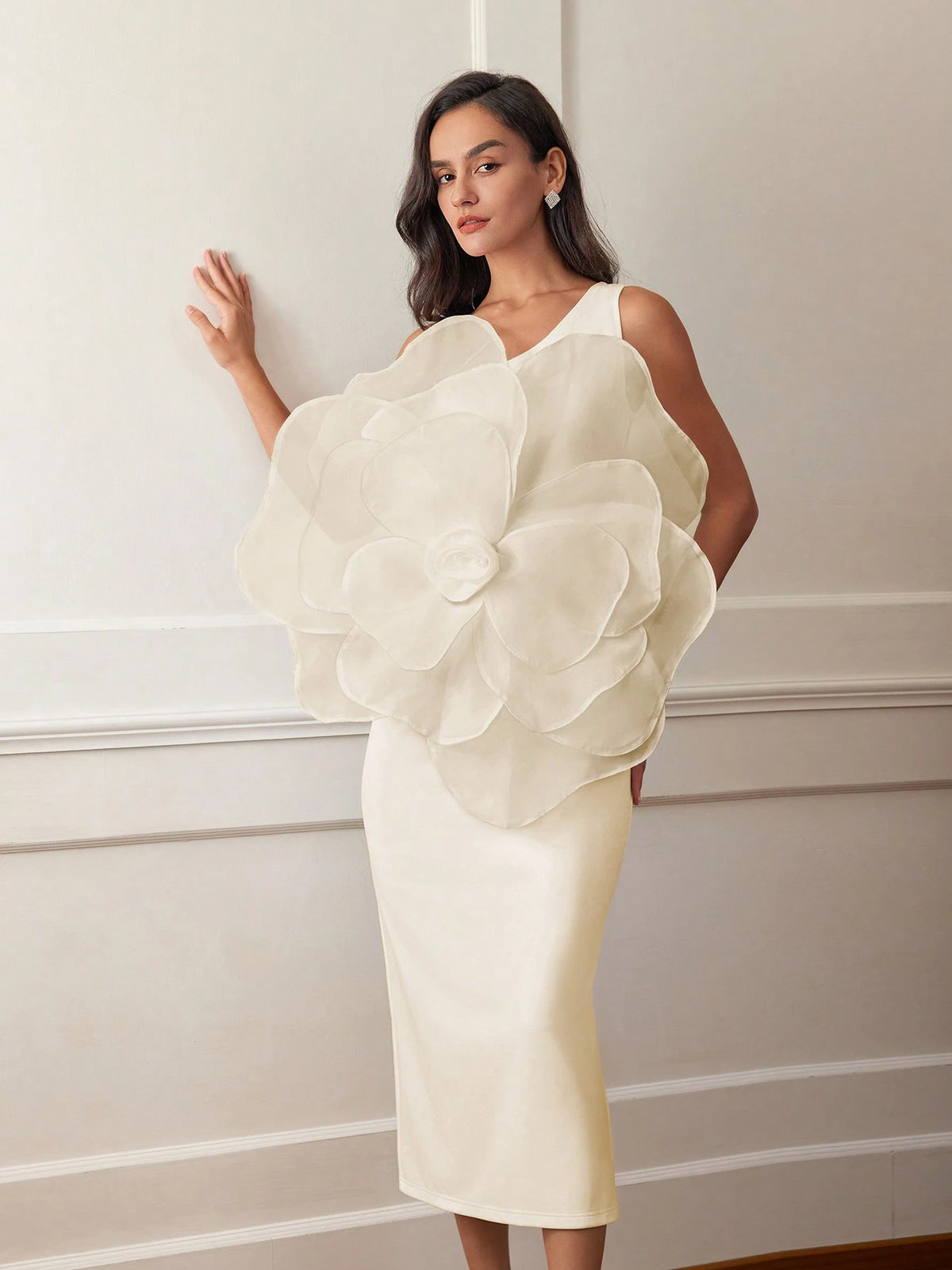 Women 3D Rose Decor Oblique Shoulder Solid Color Luxurious Elegant Evening Dress