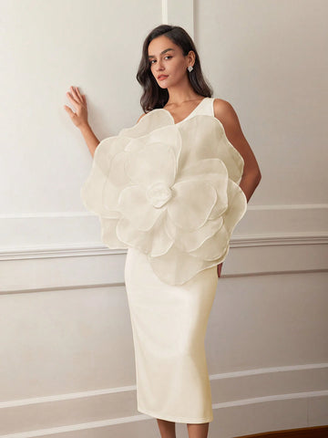 Women 3D Rose Decor Oblique Shoulder Solid Color Luxurious Elegant Evening Dress