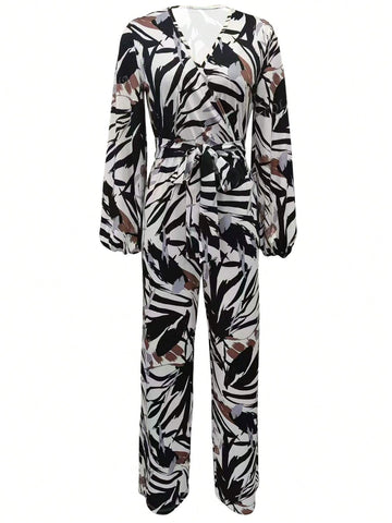 Women All-Over Allover Print Belted Jumpsuit