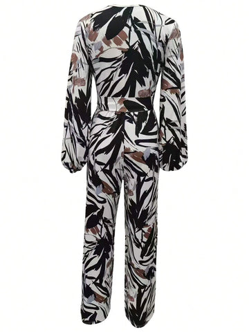 Women All-Over Allover Print Belted Jumpsuit
