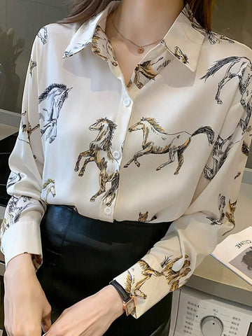 Women All-Over Print Button Front Long Sleeve Elegant Commuting Shirt
