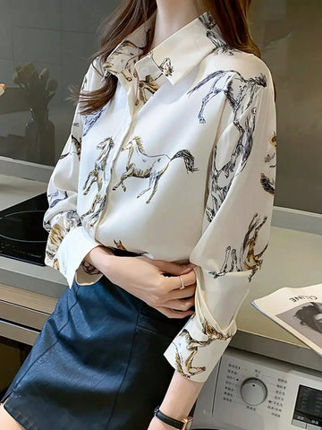 Women All-Over Print Button Front Long Sleeve Elegant Commuting Shirt