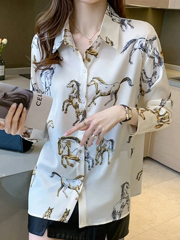 Women All-Over Print Button Front Long Sleeve Elegant Commuting Shirt