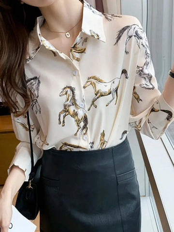 Women All-Over Print Button Front Long Sleeve Elegant Commuting Shirt