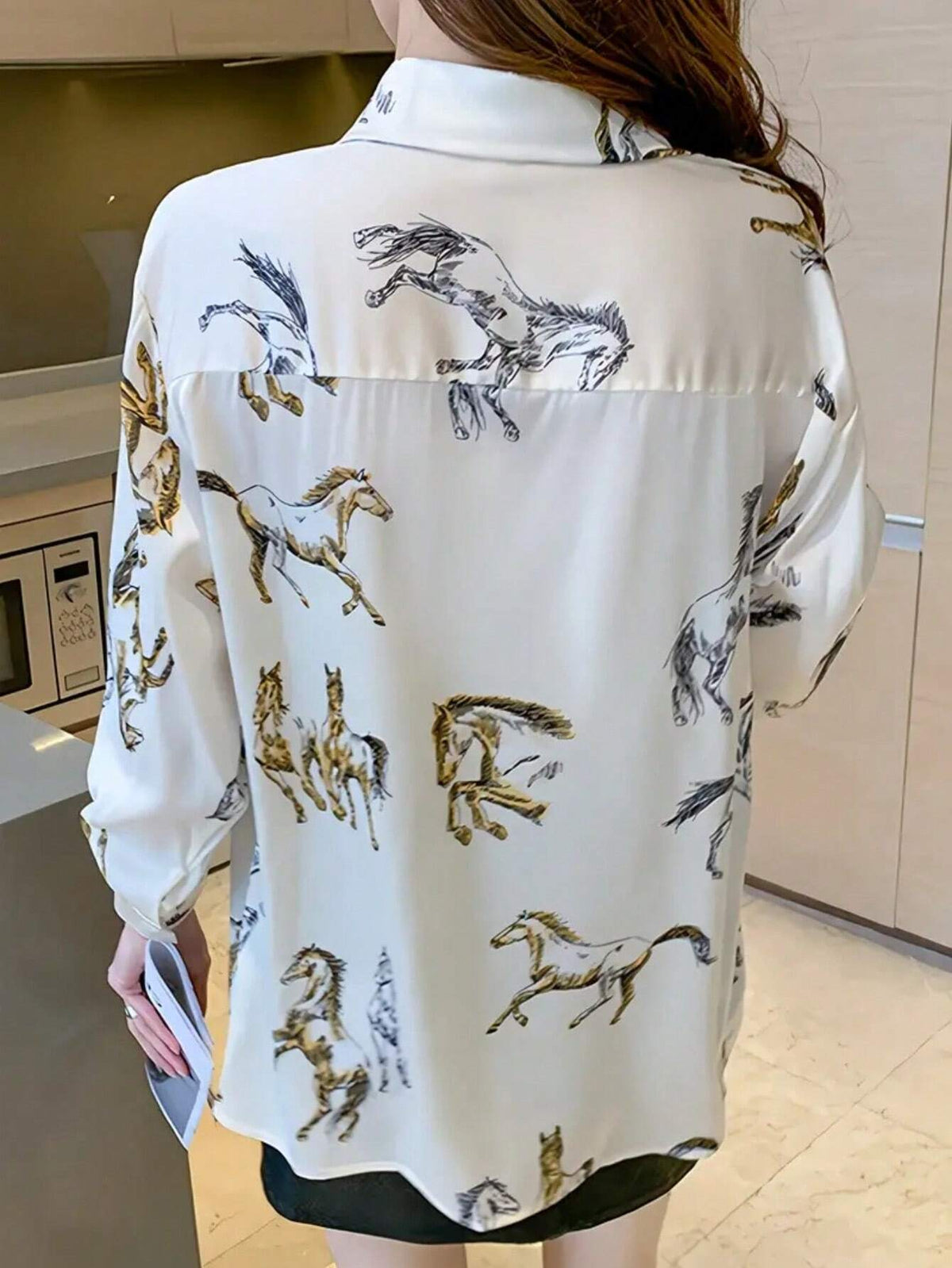 Women All-Over Print Button Front Long Sleeve Elegant Commuting Shirt
