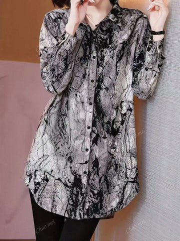 Women Allover Print Front Button Casual Long Sleeve Blouse