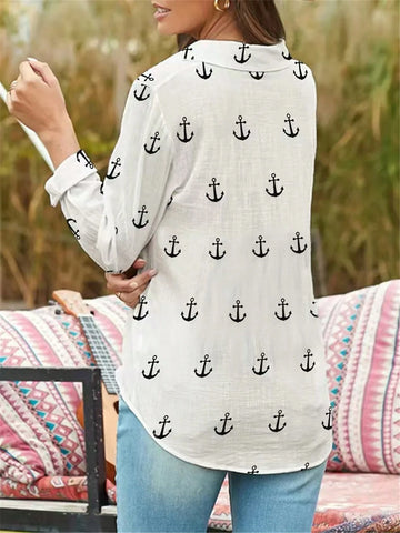 Women Anchor Print Long Sleeve Single-Breasted Casual Shirt, Autumn