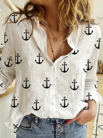 Women Anchor Print Long Sleeve Single-Breasted Casual Shirt, Autumn