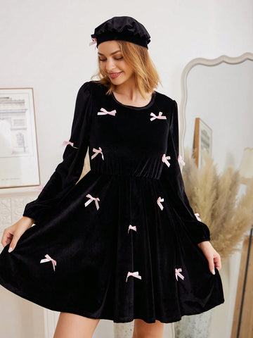 Women And Girls Matching Velvet Dress With Bow, Elegant Long Sleeve Dress, Stylish Mother Daughter Outfits, Suitable For Spring And Autumn