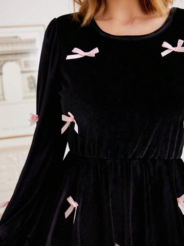 Women And Girls Matching Velvet Dress With Bow, Elegant Long Sleeve Dress, Stylish Mother Daughter Outfits, Suitable For Spring And Autumn