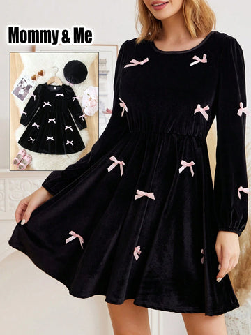 Women And Girls Matching Velvet Dress With Bow, Elegant Long Sleeve Dress, Stylish Mother Daughter Outfits, Suitable For Spring And Autumn