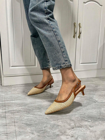 Women Apricot Color Woven Pointed Toe Slip-On Stiletto High Heel Shoes With Ankle Strap