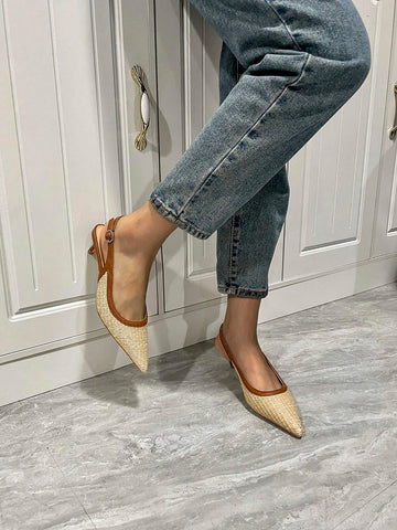 Women Apricot Color Woven Pointed Toe Slip-On Stiletto High Heel Shoes With Ankle Strap