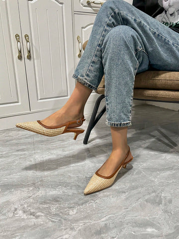 Women Apricot Color Woven Pointed Toe Slip-On Stiletto High Heel Shoes With Ankle Strap