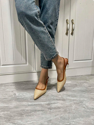Women Apricot Color Woven Pointed Toe Slip-On Stiletto High Heel Shoes With Ankle Strap