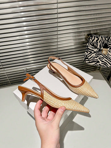 Women Apricot Color Woven Pointed Toe Slip-On Stiletto High Heel Shoes With Ankle Strap