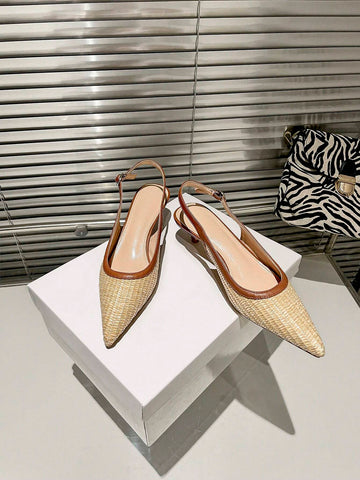 Women Apricot Color Woven Pointed Toe Slip-On Stiletto High Heel Shoes With Ankle Strap