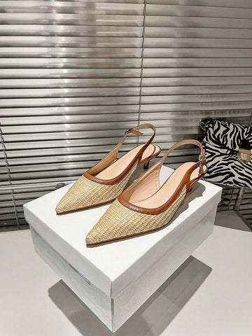 Women Apricot Color Woven Pointed Toe Slip-On Stiletto High Heel Shoes With Ankle Strap