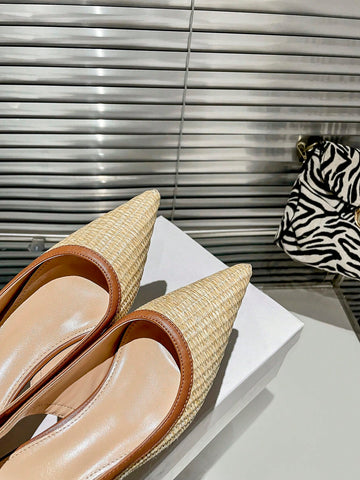 Women Apricot Color Woven Pointed Toe Slip-On Stiletto High Heel Shoes With Ankle Strap