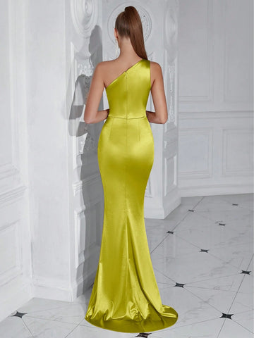 Women Asymmetric Off-Shoulder Ruched High Slit Party Evening Dress