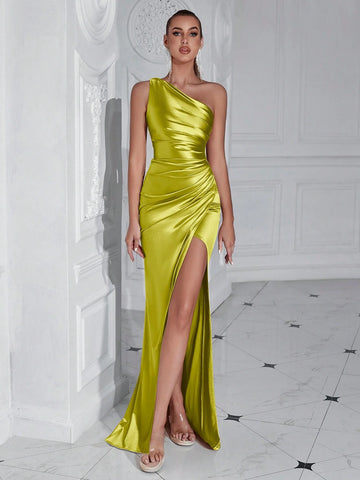 Women Asymmetric Off-Shoulder Ruched High Slit Party Evening Dress