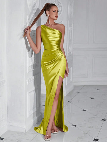 Women Asymmetric Off-Shoulder Ruched High Slit Party Evening Dress