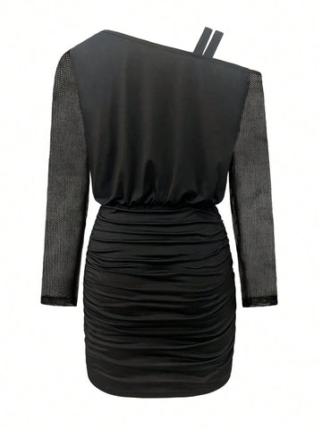 Women Asymmetric Shoulder Mesh Splice Long Sleeve Bodycon Mini Dress