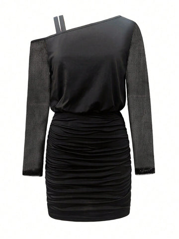 Women Asymmetric Shoulder Mesh Splice Long Sleeve Bodycon Mini Dress