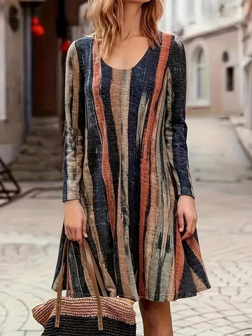 Women Asymmetrical Print Round Neck Knee Length Straight Dress