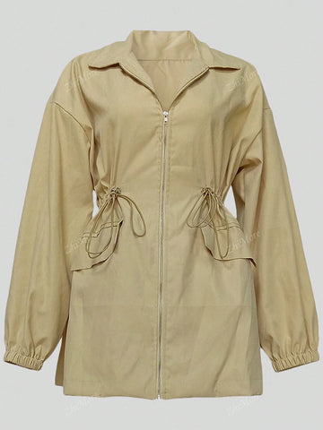 Women Autumn And Winter Fashion Drawstring Long Sleeve Lapel Trench Coat Jacket Casual Street Zipper Pocket Short Skirt