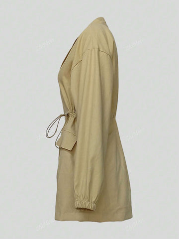 Women Autumn And Winter Fashion Drawstring Long Sleeve Lapel Trench Coat Jacket Casual Street Zipper Pocket Short Skirt