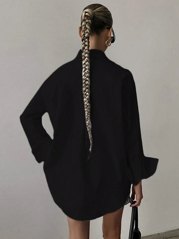 Women Autumn Solid Color Drop Shoulder Long Sleeve Single-Breasted Casual Loose Shirt