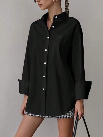 Women Autumn Solid Color Drop Shoulder Long Sleeve Single-Breasted Casual Loose Shirt