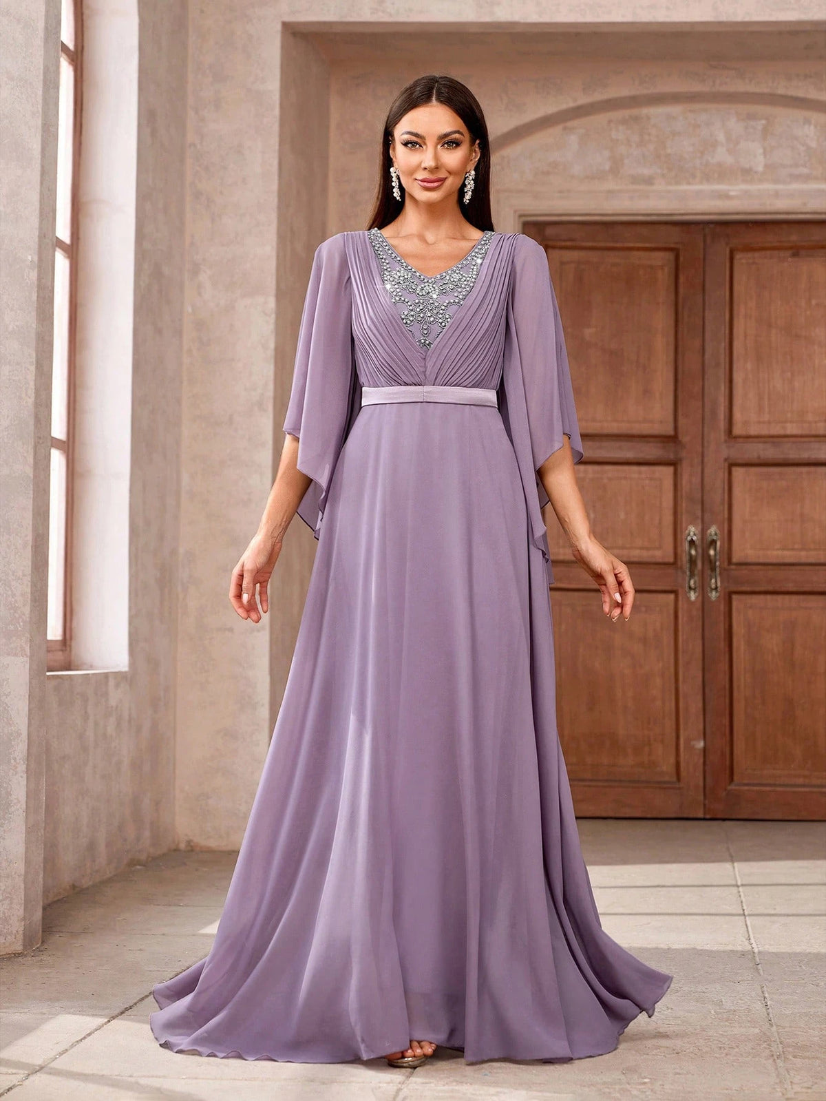 Women Beaded V-Neck Ruffle Sleeve Long Elegant Bridesmaid Dress