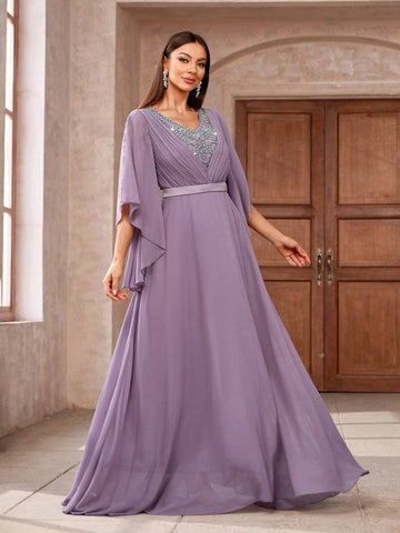 Women Beaded V-Neck Ruffle Sleeve Long Elegant Bridesmaid Dress